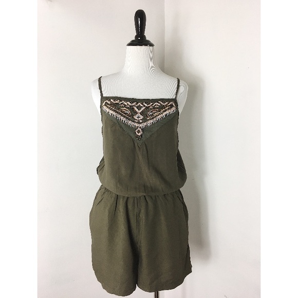 5/$15 Olive Green Romper with Beaded Top - Picture 2 of 5
